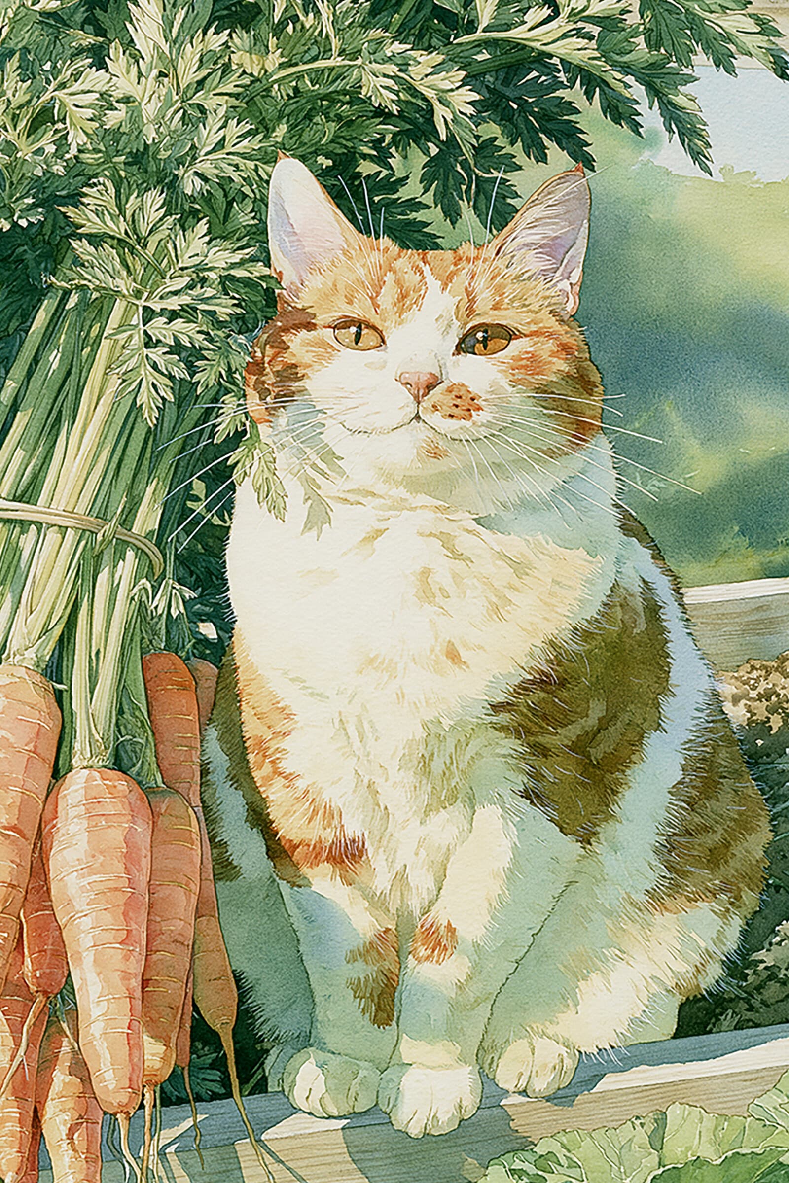 胡萝卜花园里的橘白猫水彩画