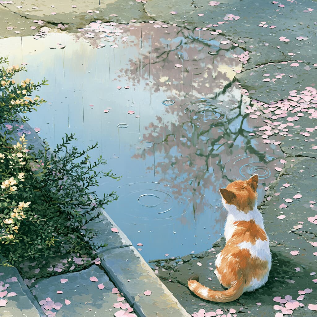 涂豆画布中完成的樱花池塘猫咪作品