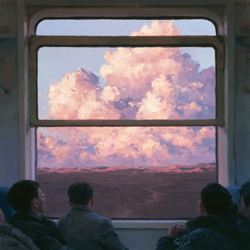 列车窗外的粉色晚霞油画